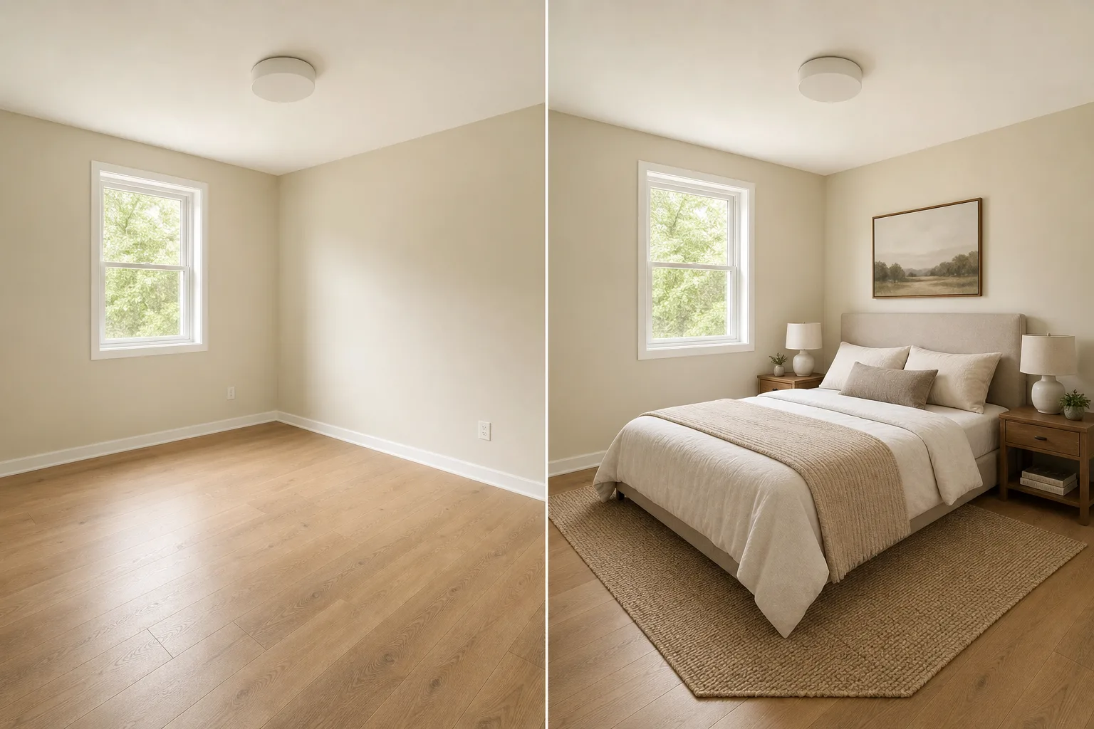Bedroom AI demonstration with empty room on the left and warm virtual staging on the right