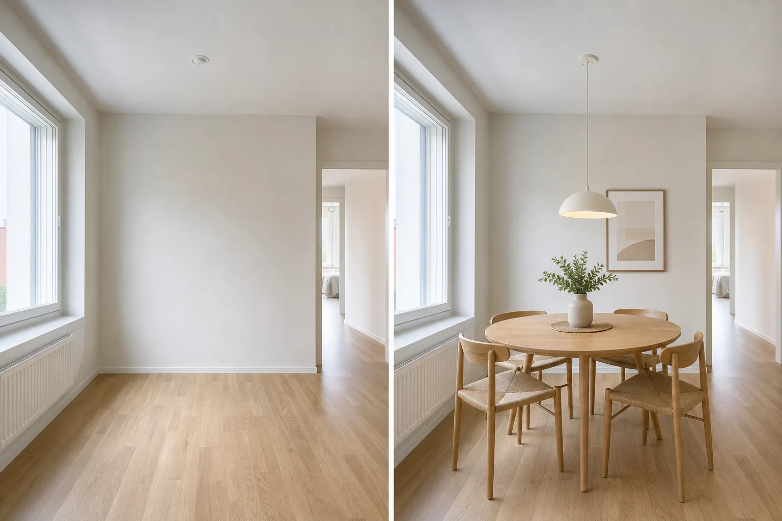 Dining room AI demonstration with empty room on the left and Scandinavian virtual staging on the right